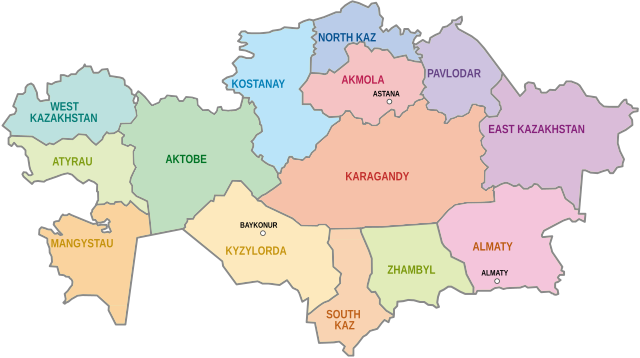 Mapa das regiões do Cazaquistão, em inglês.