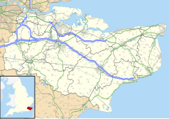 Mapa konturowa Kentu, u góry znajduje się punkt z opisem „Sittingbourne”