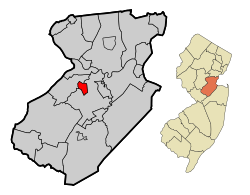 Location of Milltown in Middlesex County highlighted in red (left). Inset map: Location of Middlesex County in New Jersey highlighted in orange (right).