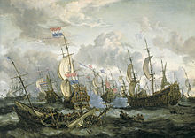 English and Dutch sailing ships clash on a stormy sea; a wreck of a sinking vessel can be seen in the foreground, whilst the sky is full busy white clouds.