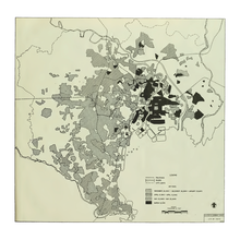 Black and white map of Tokyo shaded with the areas of the city which were destroyed in different air raids