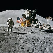 Apollo 15 flag, rover, LM, Irwin