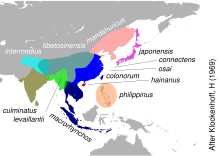 Corvus ranges based on ectoparasites, after Klockenhoff (1969) CorvusGroups.svg