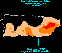 Map of Puerto Rico depicting rainfall from a tropical cyclone. Only the northwestern portion of the island is without rain and the highest totals are found along the eastern edge.