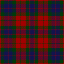 A tartan with a red ground, and green and blue bands, and thin over-checks of green, blue, and red in various places