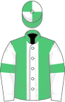 Emerald green, white stripe, white sleeves, emerald green armlets, emerald green and white quartered cap