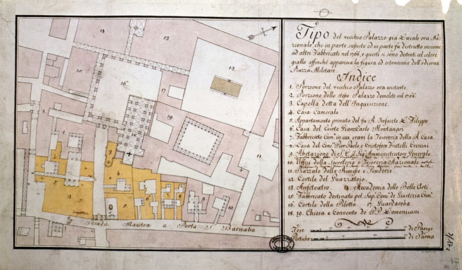 Plan of the Ducal palace before the Petitot project started. Buildings highlighted in yellow have been demolished to make room for the new design