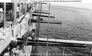 On a battleship of the Maine class (Battleship #s 10-12), circa 1907-1908, possibly during the "Great White Fleet" World Cruise. This ship may be USS Ohio (Battleship # 12), as it comes from a series of views that include several directly identified as having been taken on board her.