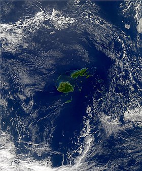 Vue satellite de la deuxième plus grande île des Fidji, Vanua Levu, et le récif de Cakaulevu qui abrite la côte nord de l'île.