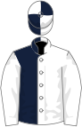 White and dark blue (halved), white sleeves, quartered cap