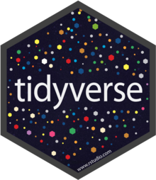 A black hexagon logo with the word "tidyverse" in white letter in the middle, while having smaller colorful hexagons throughout the larger black hexagon logo