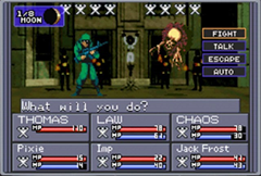 A battle from the PlayStation port, showing enemies in the top half, and the status of the player's party in the bottom Shin Megami Tensei gameplay.png