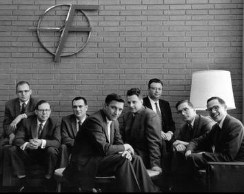 From left to right: Gordon Moore, C. Sheldon Roberts, Eugene Kleiner, Robert Noyce, Victor Grinich, Julius Blank, Jean Hoerni and Jay Last (1960) The Traitorous Eight.jpg