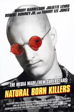 In black-and-white, a bald man sporting a leather jacket wears red sunglasses that contain the reflection of a blonde woman on both lenses, the movie's title is visable.