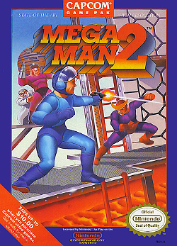 Artwork of a navy blue, vertical rectangular box. The top portion reads "Mega Man 2", while the artwork depicts a humanoid figure in a blue outfit firing a gun at a second humanoid figure in purple and red outfit.