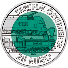 A 150 Years Semmering Alpine Railway Coin made of niobium and silver 2004 Austria 25 Euro 150 Years Semmering Alpine Railway front.jpg