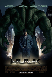 Bruce Banner (Edward Norton) stands with the Hulk facing back, in a city landscape with tanks on the road and helicopters hovering in the sky with spotlights.