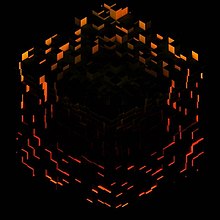 A dark model of a block of grass from Minecraft, surrounded on the edges by a much larger black and orange cube, with a black background.