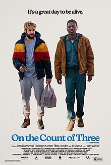 Two men, one holding a gun and bag) stand in a plain white background, with the tagline "It's a great day to be alive." placed on top of the poster, with the film's title and billing block placed on the bottom.