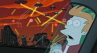 Bender destroys New York while being pursued by Swedish authorities in 2308, one of the many moments of continuity with previous episodes Benderbigscoreships.jpg