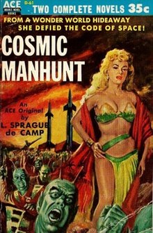 First book publication of The Queen of Zamba as Cosmic Manhunt with altered text, Ace Books, 1954. Cosmic Manhunt.jpg