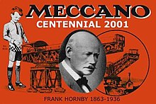 Meccano Centennial poster and sticker issued in 2001 to celebrate one hundred years of Meccano, showing the Meccano block-setting crane with a portrait of Frank Hornby, Meccano's inventor Meccano Centennial Poster.jpg