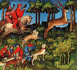 Picture from Livre de la Chasse showing relays of running hounds set on the path of the hart MedHartHunt.jpg