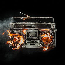 The album cover features a boombox that has been set on fire and is burning.