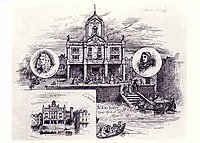 An 1875 postcard from the Victoria and Albert Hall showing the Duke's Company theatre in Dorset Gardens (the so-called "machine house") in operation from 1671 to 1709, which began as a playhouse and gradually became a house for spectacle. Dukes-theater-1671.jpg