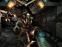 The player fighting a Revenant in Doom 3. The majority of the game takes place within the futuristic base. Reverent (Doom).jpg