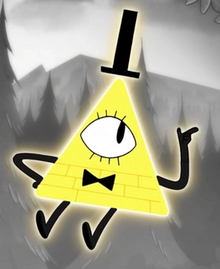 A real illustration of Bill Cipher in a grey forest. He is a floating yellow triangle with a single eye and a brick pattern on his body. He wears a black bowtie and top hat, and has black arms and legs. He emanates yellow glowing light.