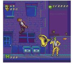 The Mask uses his huge "living" horn to defeat one of the enemies in the game. TheMaskSNESLoudHornPic.jpg