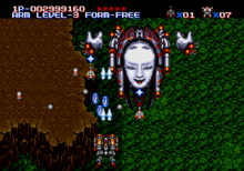 MUSHA features a Japanese aesthetic, including this boss character with a Noh mask. MUSHA screenshot.png