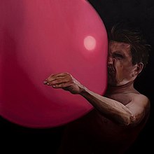 A drawing of a man getting hit by a pink ball in the face.