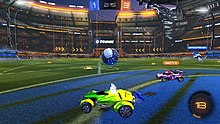 Gameplay in Rocket League, where players aim to hit the ball into the opposing team's goal using their rocket-powered cars Rocket League, Mannfield.jpg