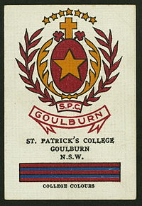 Collectable Australian school cigarette card featuring the St Patrick's colours & crest, c. 1920s Stpatsgoulburn.jpg