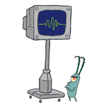 An animated computer monitor on a base with wheels stands next to a small, dark green, one-eyed copepod