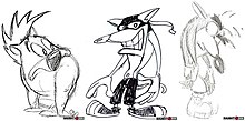 A row of three sketches depicting an anthropomorphic marsupial-like creature. The left character resembles a stocky, slouching wombat, while the middle character is taller, leaner, has a longer snout and wears a dark Zorro-like mask, and the right character is a combination of the two preceding designs, being lean, slouching and bare-faced.