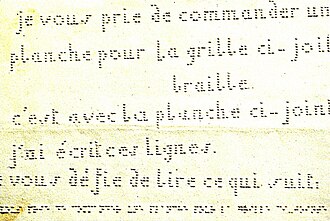 A sample of decapoint. The relative efficiency of braille can be seen, as the line at the bottom is the braille transcription for the first two lines of decapoint: je vous prie de commander une planche pour la grille ci-jointe Decapoint sample.jpg