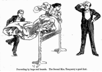 cartoon showing a young woman in Victorian evening dress leaping over a hurdle on which the word "convention" is painted; she is followed by one man in evening dress and watched by another, who is mopping his brow in relief