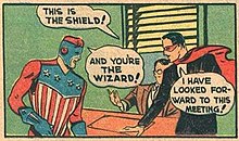 The Shield and the Wizard met in Top Notch Comics #5. It was the first team-up between superheroes. Shield and Wizard.JPG