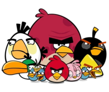 Official artwork of the flock (excluding Ruby, Ice Bird, Tony, Silver, Leonard and Melody) in their pre-2015 designs, consisting of Matilda, Hal, the Blues, Bubbles, Terence, Red, Stella, Chuck and Bomb (from left to right). Angry Birds Flock.webp