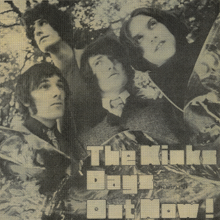 A black-and-white photograph of the four Kinks standing around a tree. The image is close-up on their faces as they all look in different directions. A caption on the image says "The Kinks Days Out Now!"