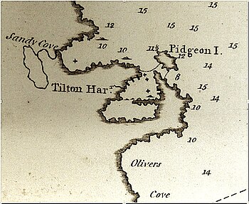 Tilting detail from Michael Lane's survey map of Fogo Island, 1787. Look closely to see the key features of the map: Flakes in the outer harbour, sunken rocks (small x-marks) and Dominey's Brook in the northwest part of the Harbour. National Archives of the U.K., WO78/721 NDP-Lane-1767-TH.jpg