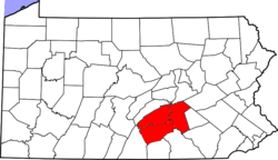 The Harrisburg–Carlisle MSA in Pennsylvania is highlighted in red.