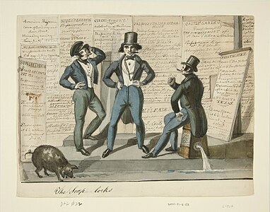 Bowery Boys with soap-locks hairstyle, smoking cigars and wearing working class fashionable clothing, circa 1840-1847.