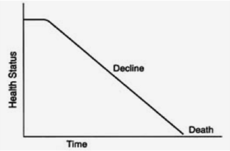 A typical natural death trajectory chronicling a long, steady decline in health over time. Steady decline.png