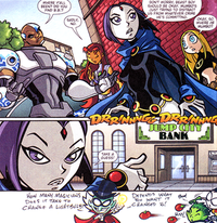 A typical page of Teen Titans Go!, featuring gags outside of the page margins (a story seen in a flashback from the season 2 finale). Art by Todd Nauck. TeenTitansGo2.png