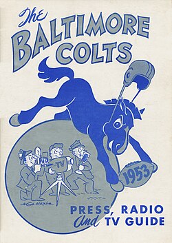 First media guide of the new Colts franchise, showing team colors of blue, white, and silver. The guide plays on the jumping horse motiff used by the first Colts franchise. Baltimore-Colts-mediaguide-1953.jpg