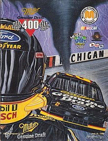 The 1995 Miller 400 program cover, featuring Rusty Wallace. Artwork by NASCAR artist Sam Bass.